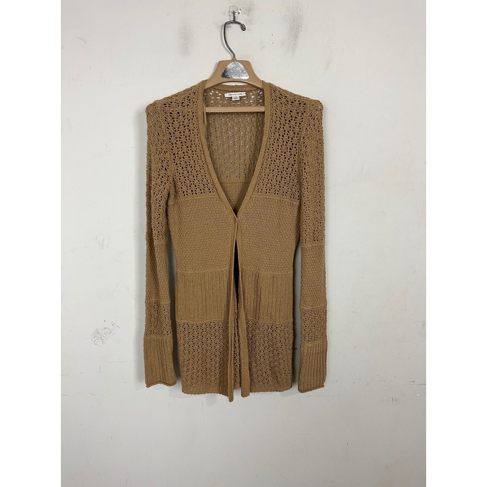 American Eagle Open Knit Cardigan Tan Brown Pointelle Single Button Sweater S